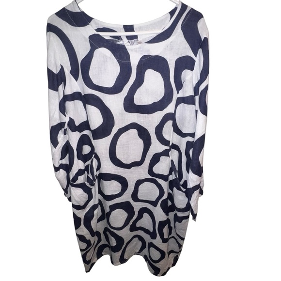 EUC Kaktus 100% Italian Linen White Navy Abstract Dress Small Oversized Pockets - Picture 1 of 6